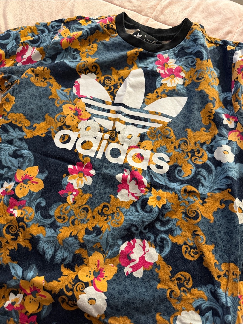 adidas Navy Floral Logo Tee with Yellow & Pink Accents - Picture 3 of 4